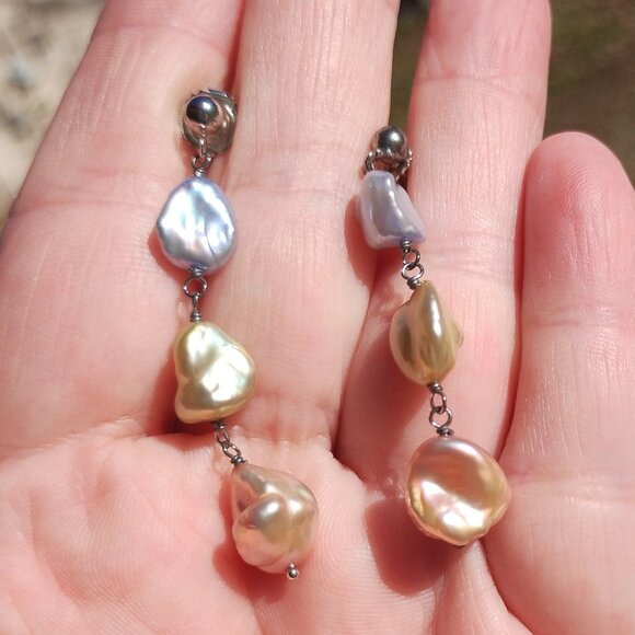 Honora Keshi freshwater Pearl earrings Pastel yellow rose colors 925 Sterling Si - Picture 6 of 7